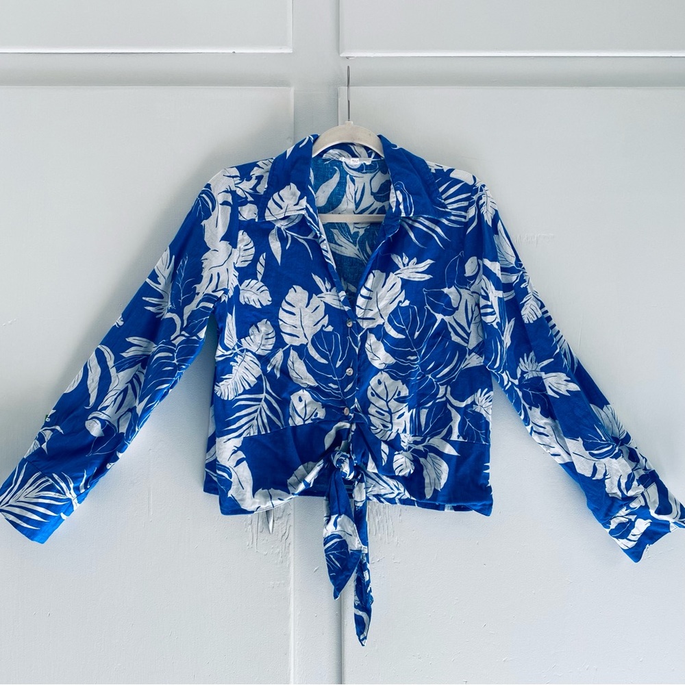 Panama Jack Blue White Linen Rayon Tropical Tie-Front Top Resort Beach Cruise L